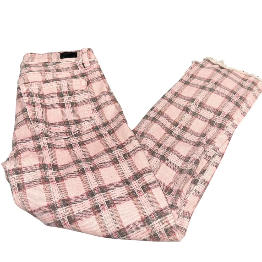 Paige Hoxton Slim Pink Plaid Jeans Raw Hem Stretch Women's 28‎